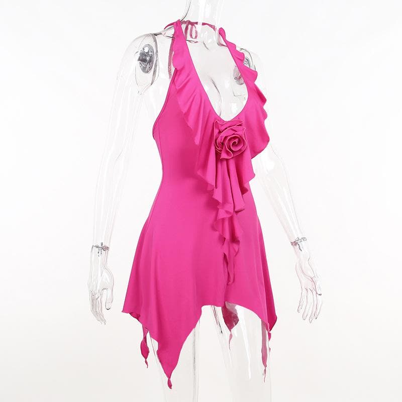 Neckholder-Minikleid mit Blumenapplikation und rückenfreiem Rüschen-U-Ausschnitt