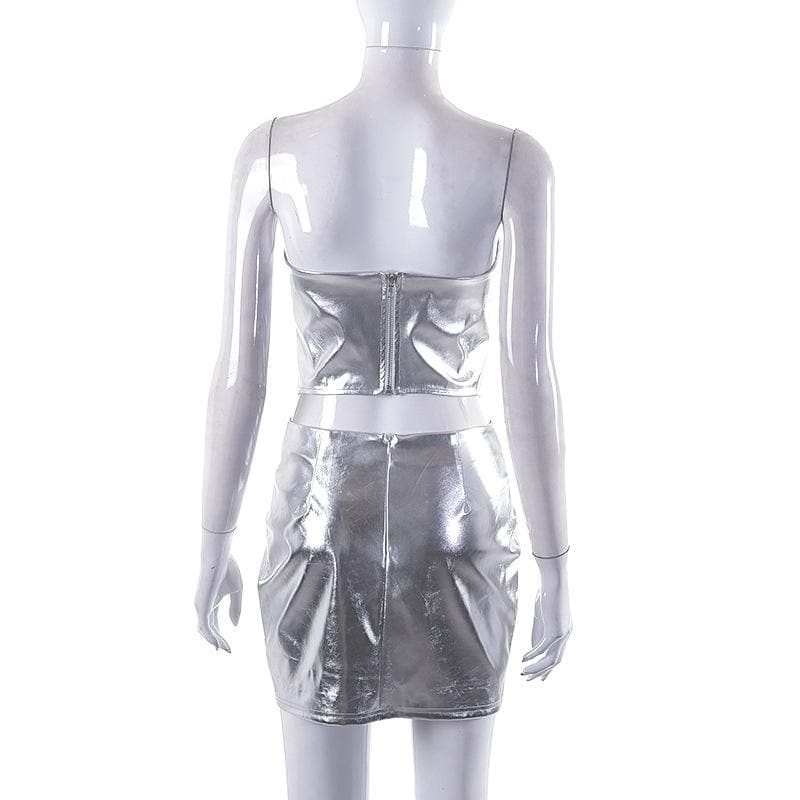 Completo minigonna tubolare con corsetto e cerniera sulla schiena metallizzata