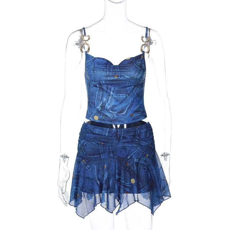 Backless cowl neck metal chain denim print ruched mini skirt set