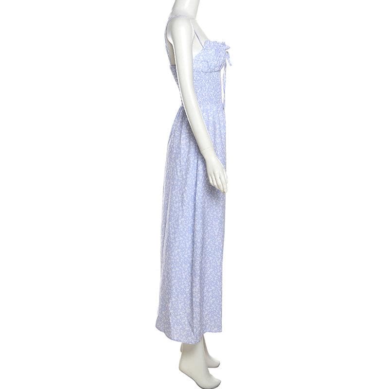 Gesmoktes rückenfreies Maxi-Camisole-Kleid mit Blumenmuster und Kordelzug