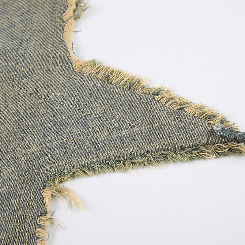 Top a contrasto senza schienale con motivo a stelle in denim con lacci all'americana