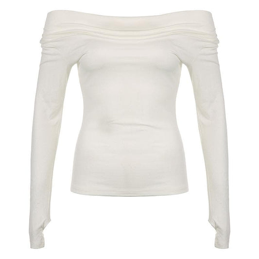 Long sleeve off shoulder ruched solid gloves top