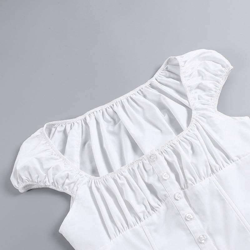 Button cap sleeve solid ruched square neck crop top