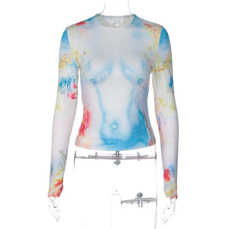 Top a maniche lunghe con stampa floreale a contrasto e scollo rotondo