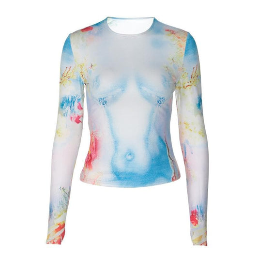 Long sleeve crewneck flower print contrast top