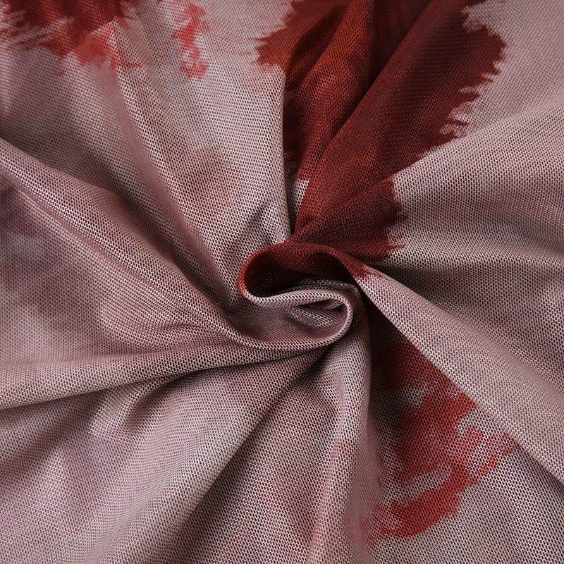 Sheer mesh see through long sleeve tie dye ruffle self tie crop top