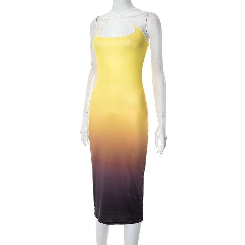 Rückenfreies, kontrastierendes 2-Wege-Camisole-Midikleid mit Farbverlauf und quadratischem Ausschnitt