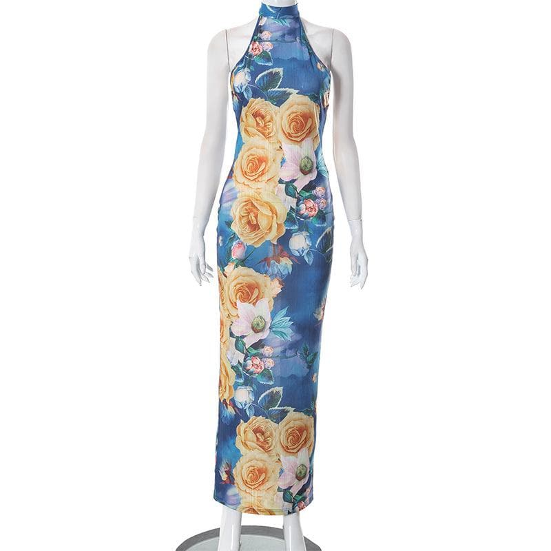 Rückenfreies Maxikleid aus transparentem Netzstoff mit Blumenmuster und Neckholder in Kontrastfarbe zum Binden