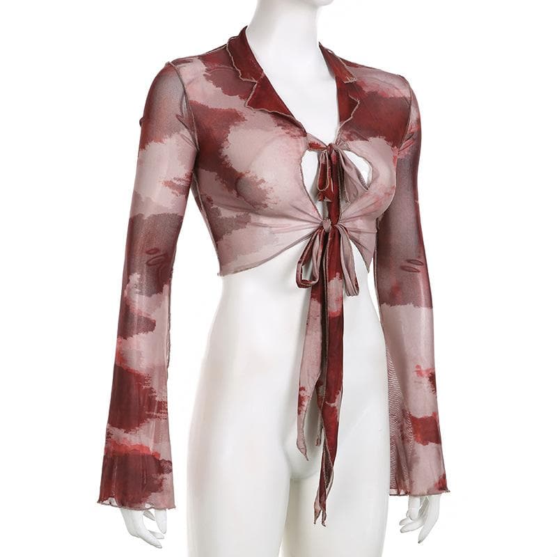 Top corto in rete trasparente con volant tie-dye a maniche lunghe e annodabile