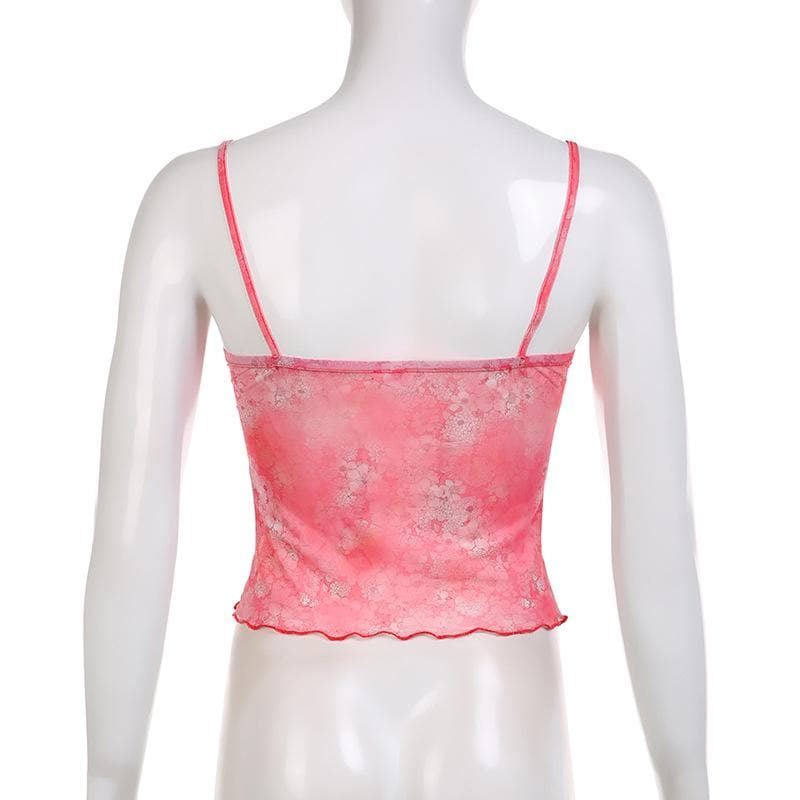 Top corto con volant e stampa floreale in rete trasparente con scollo a V