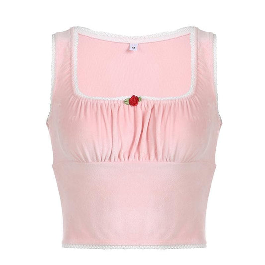 Ruched square neck lace hem velvet contrast sleeveless crop top