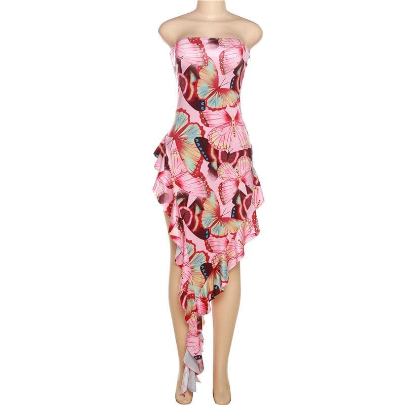 Rückenfreies Maxi-Tube-Kleid mit Schmetterlings-Print und kontrastierenden unregelmäßigen Rüschen