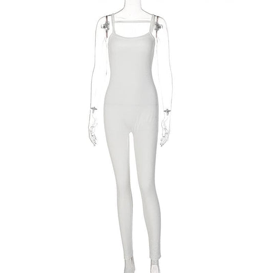 Einfarbiger, gerippter, rückenfreier Camisole-Jumpsuit mit U-Ausschnitt