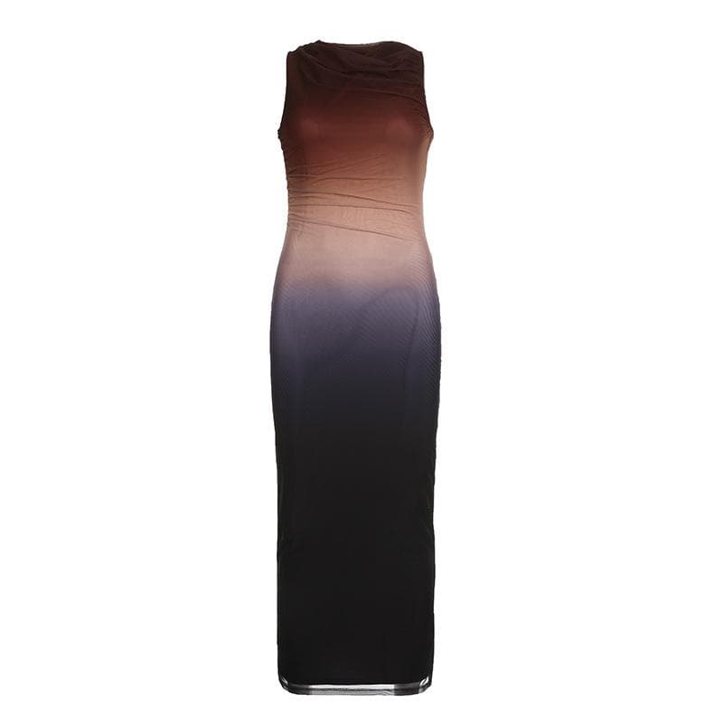 Ärmelloses Maxikleid aus gerüschtem Netzstoff mit Farbverlauf