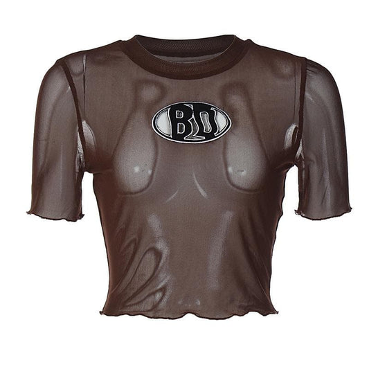 Short sleeve sheer mesh see through ruffle embroidery crop top