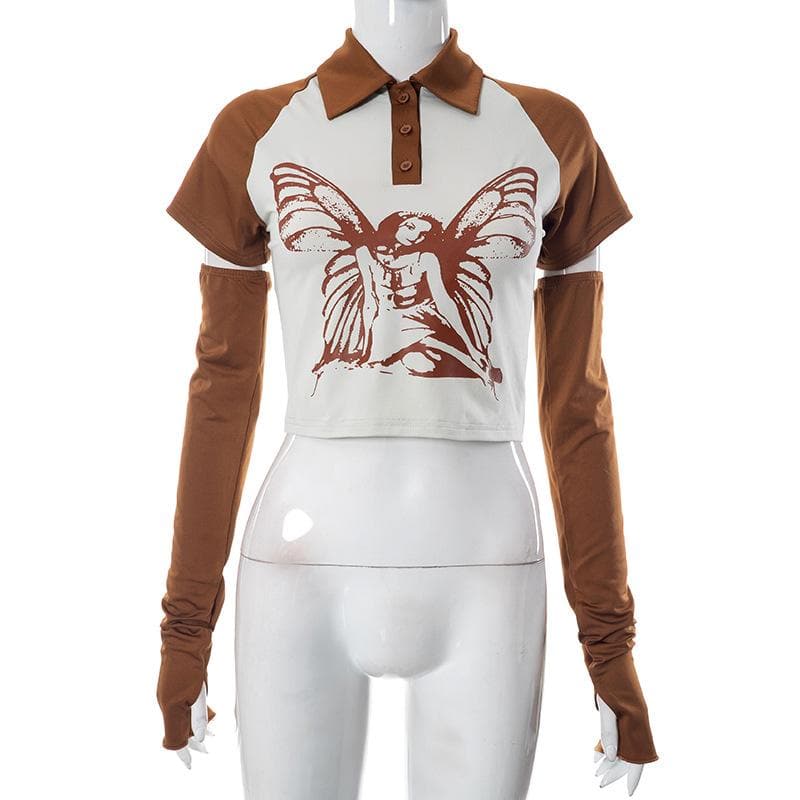 Top corto con colletto rovesciato, maniche corte, bottoni, guanti e patchwork a contrasto
