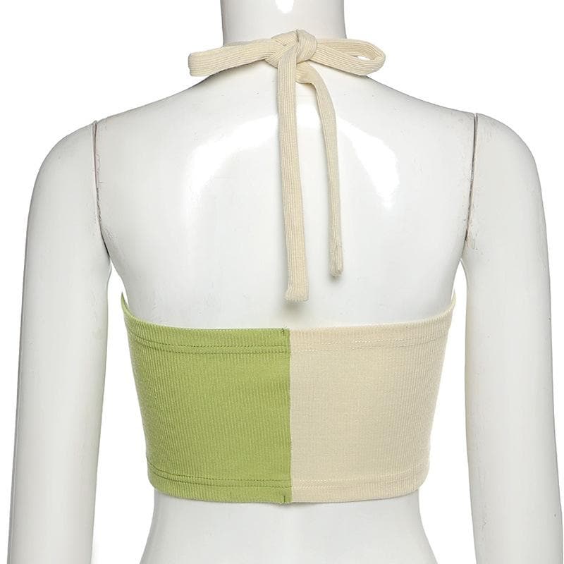 Top corto senza schienale con coulisse e collo all'americana a contrasto a coste