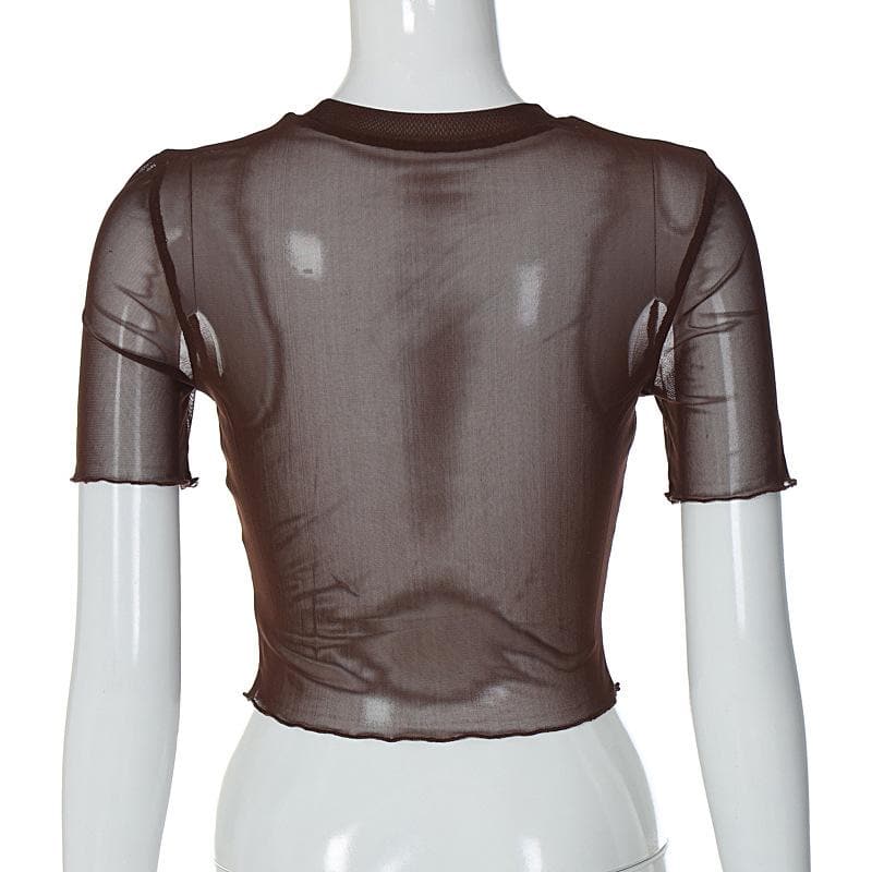 Short sleeve sheer mesh see through ruffle embroidery crop top