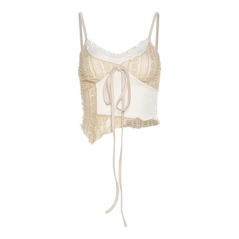 Top corto in pizzo con scollo a V e patchwork irregolare a contrasto