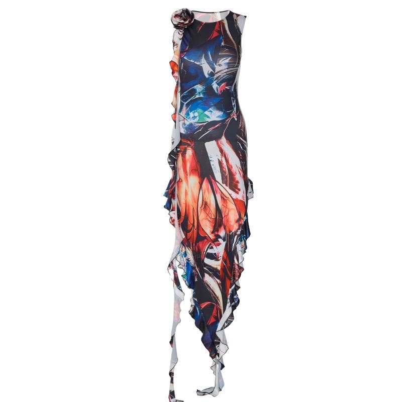 Ärmelloses Maxikleid mit Blumenapplikation und Kontrastdruck