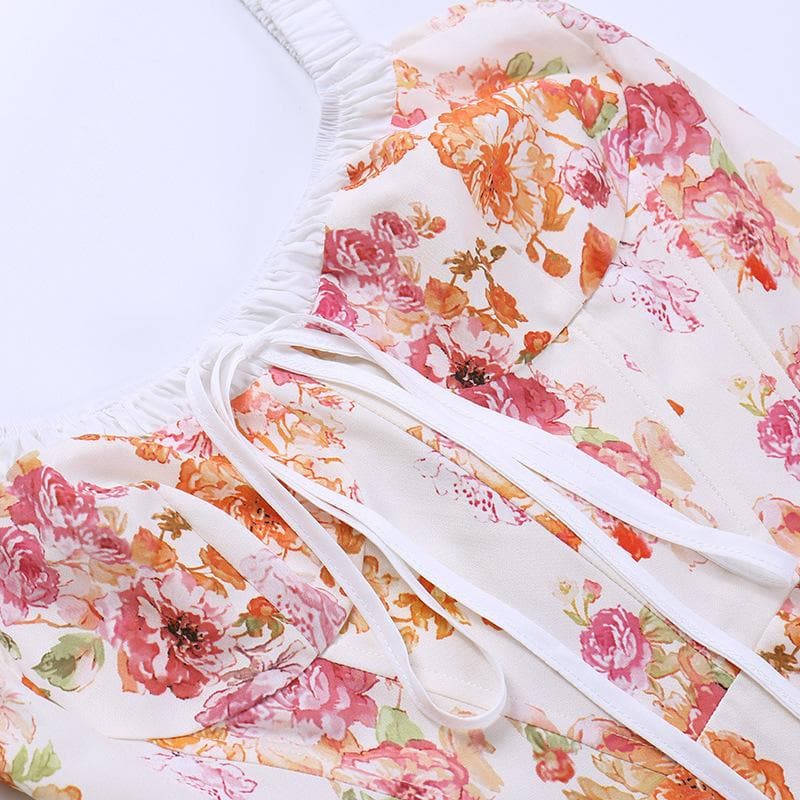 Ärmelloses Midikleid mit Blumenmuster, Rüschen und Selbstschnürung, kontrastierendem Schlitz und Reißverschluss