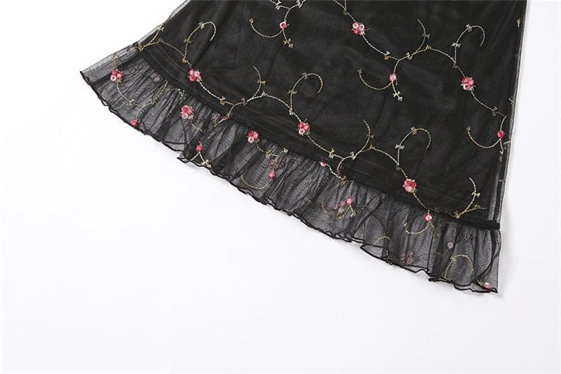 Rückenfreies Minikleid mit Rüschen aus Netzstoff, Blumenstickerei und kontrastierendem Camisole