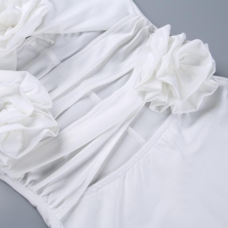 Abito midi con scollo all'americana, arricciato, traforato e applicazioni floreali