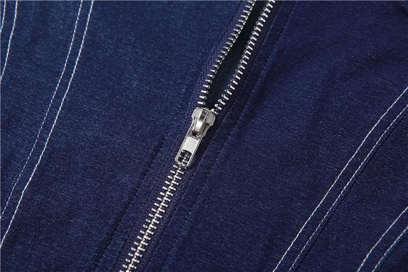 Body in denim con scollo a V, schiena scoperta e cerniera