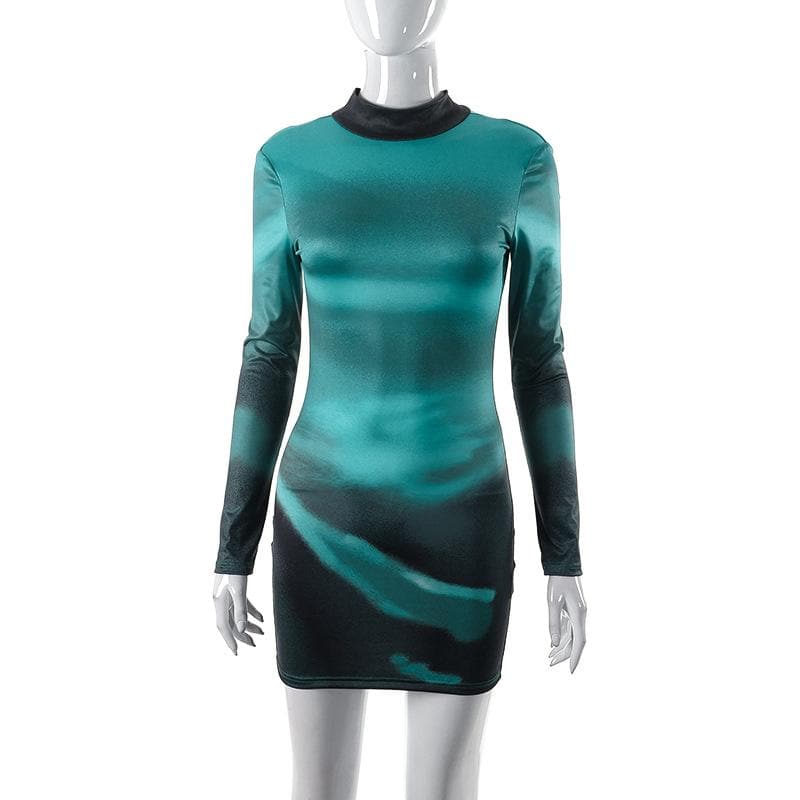 Hochgeschlossenes, langärmliges, rückenfreies Minikleid mit Farbverlauf zum Selbstbinden