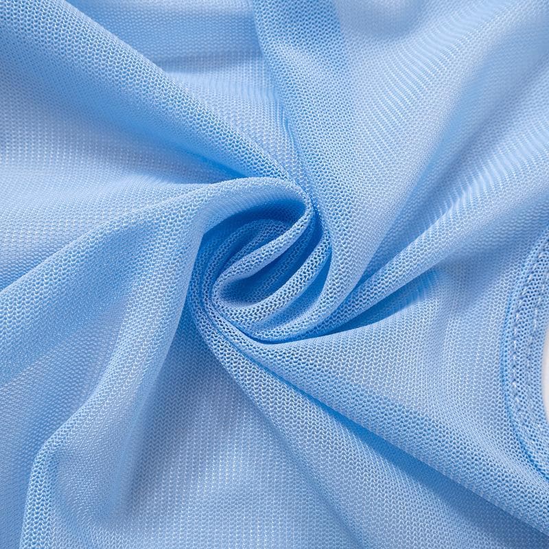 Transparentes Netzstoff-Crop-Top mit Rüschen, ausgehöhlten Flügelärmeln und rückenfreiem Schnitt