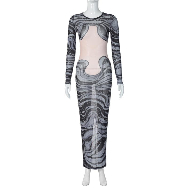 Transparentes Maxikleid aus transparentem Netzstoff mit langen Ärmeln, Schlitz und gewelltem Kontrast