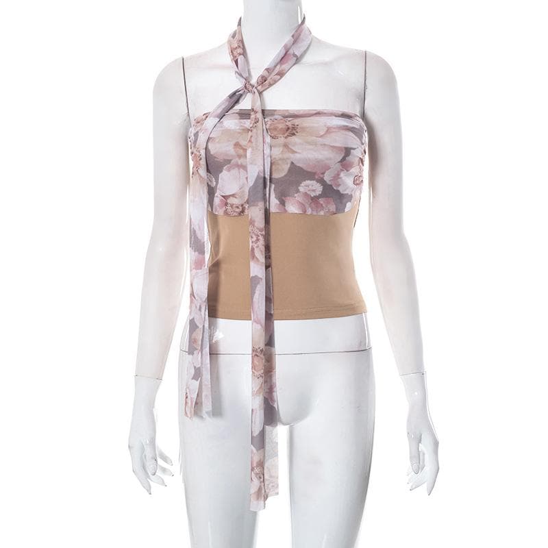 Top a tubino con schiena scoperta e arricciature a contrasto con stampa patchwork floreale