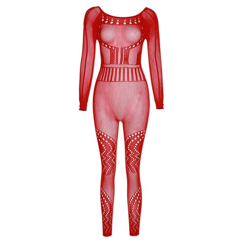 Fishnet long sleeve hollow out backless solid see through jumpsuit
