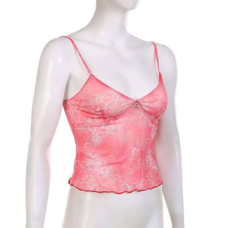 Top corto con volant e stampa floreale in rete trasparente con scollo a V