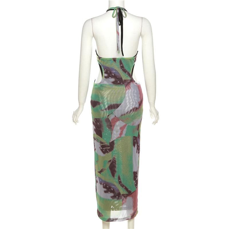 Neckholder-Maxikleid mit selbstbindendem Kontrastdruck und transparentem Netzstoff, rückenfrei und mit Aussparungen