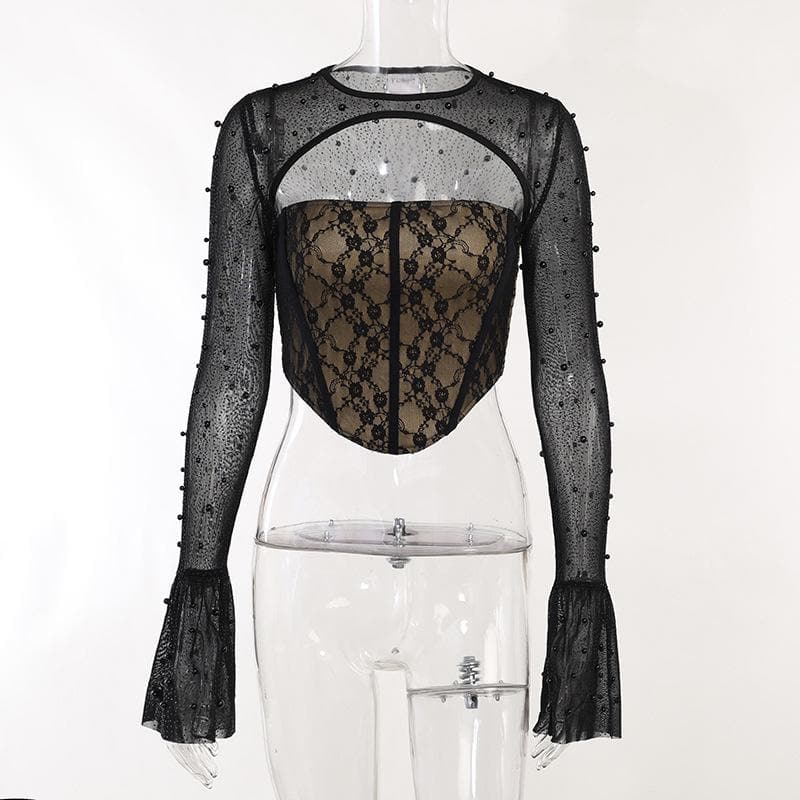 Top in 2 pezzi con corsetto con perline e maniche svasate in pizzo