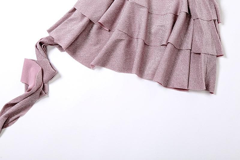 Solid halter textured pleated self tie backless mini dress