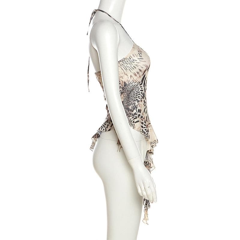 Top corto con scollo all'americana irregolare in rete trasparente con motivo a farfalla