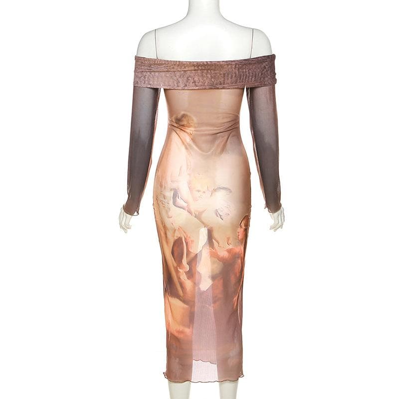Schulterfreies, langärmliges Midikleid mit abstraktem Print und Kontrast