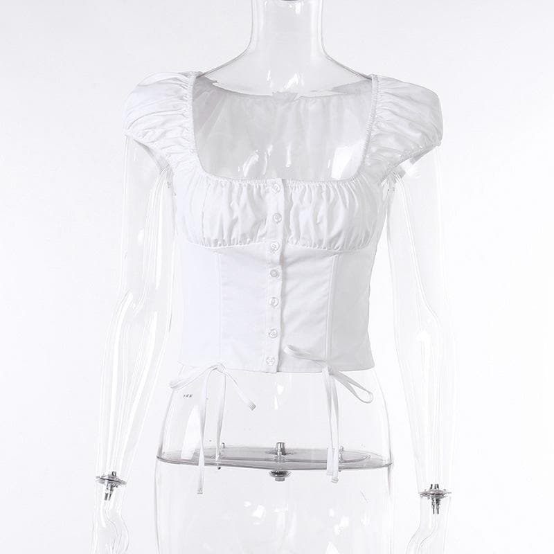 Button cap sleeve solid ruched square neck crop top