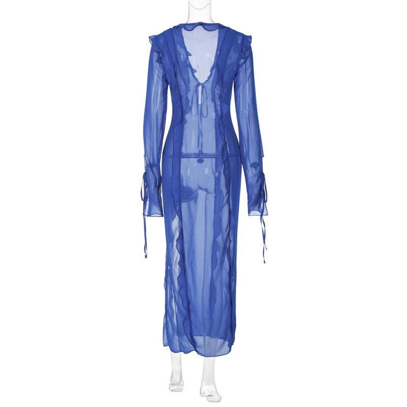 Durchsichtiges, langärmliges Maxikleid aus Chiffon mit V-Ausschnitt und Schlitz zum Selbstbinden