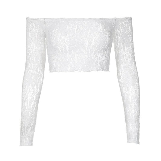 Off shoulder long sleeve lace see through solid crop top