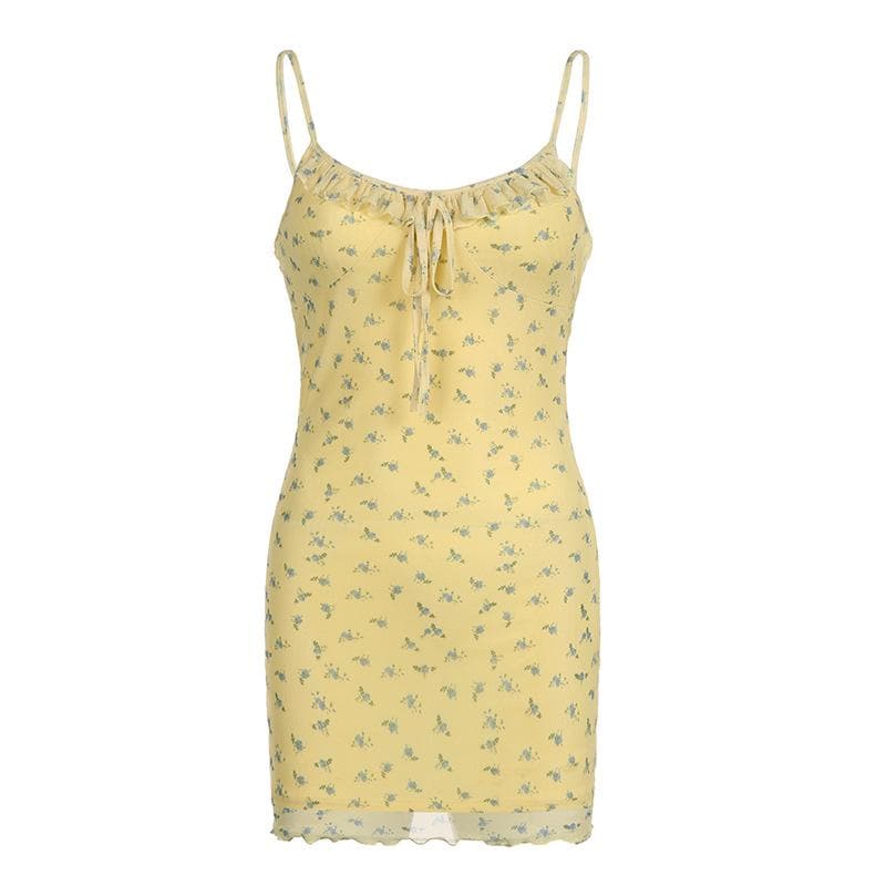 Gerafftes Mesh-Rüschen-Minikleid zum Selbstbinden mit Blumenmuster