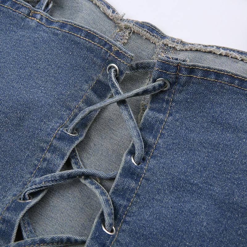 Beaded lace up stitch backless denim cami top