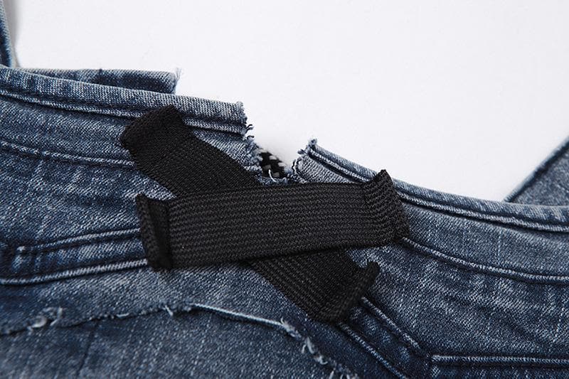 Top corto in denim senza maniche con lacci e orlo grezzo a contrasto