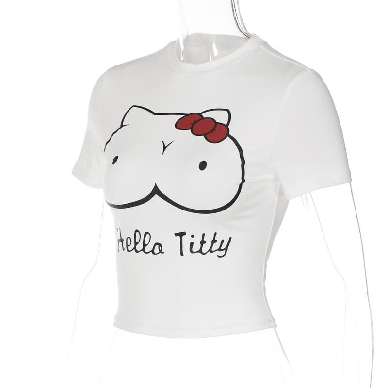 Top corto a maniche corte con scollo rotondo e motivo "Hello Titty" a contrasto