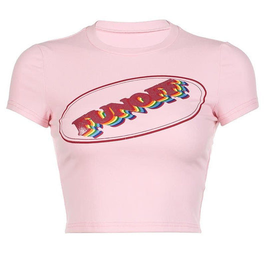 Short sleeve "FUNOFF" pattern contrast crewneck crop top