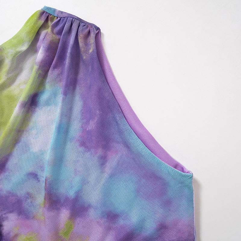 Ruched tie dye sleeveless crewneck mesh mini dress