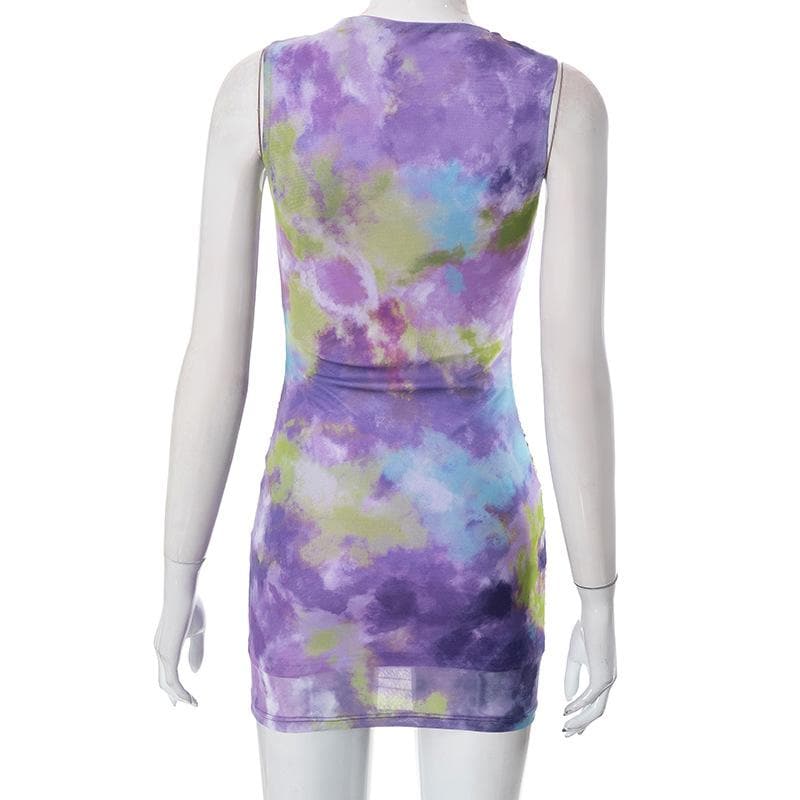 Ruched tie dye sleeveless crewneck mesh mini dress