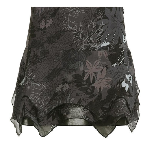 Chiffon zip-up irregular leaf print contrast mini skirt